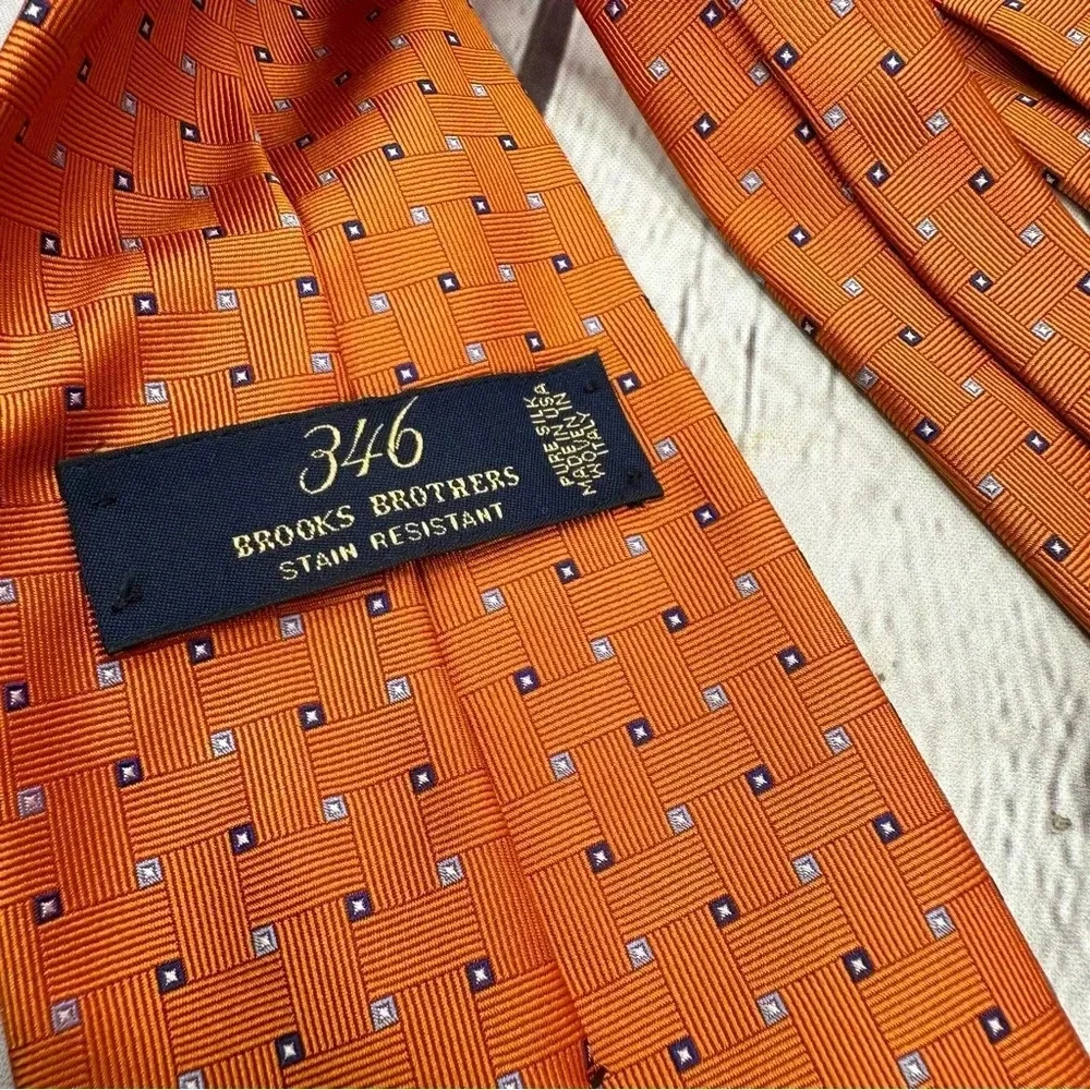 brooks brothers 346 silk tie orange navy basket weave pattern preppy business